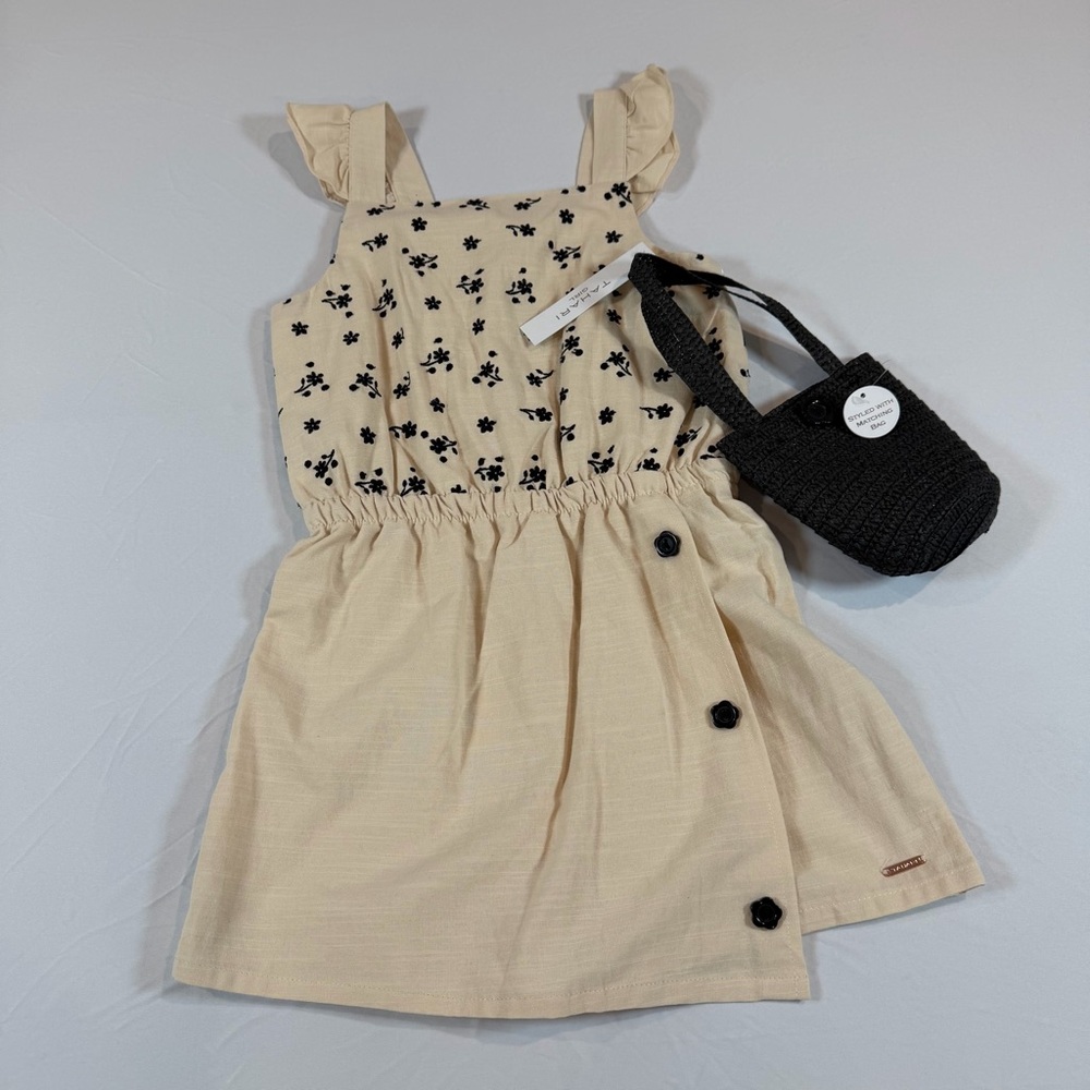Elegant Cream Kids Dress with Embroidered Black Floral Accents-NWT-Sz 12